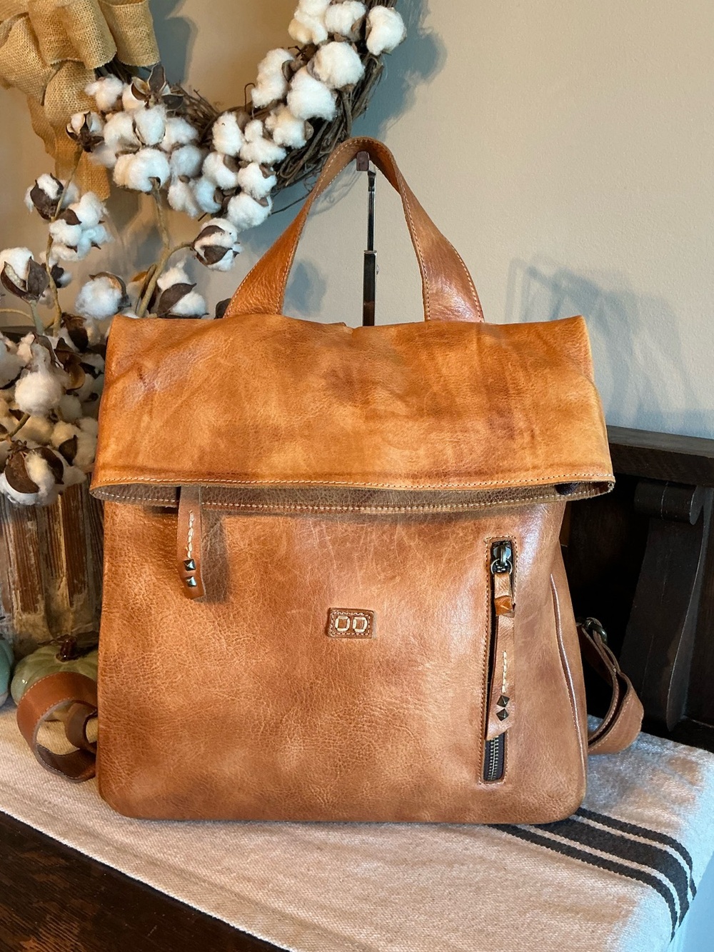Genuine Leather Fold-Top Backpack Tote - Tan